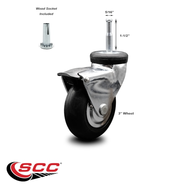 3 Inch Chrome Hooded Neoprene Rubber 5/16 Inch Grip Ring Stem Caster with Brake